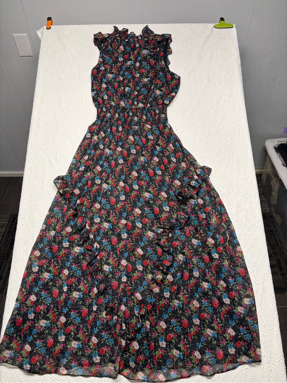 G by Giuliana Black Floral Ruffle Maxi Dress